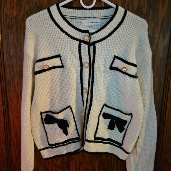 Women's THREADED LEAF bow Long sleeve cardigan sweater - Picture 3 of 7